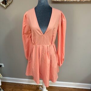 New prettylittlething Peach Woven Pleated Detail Skater Dress Size 8 v-neck